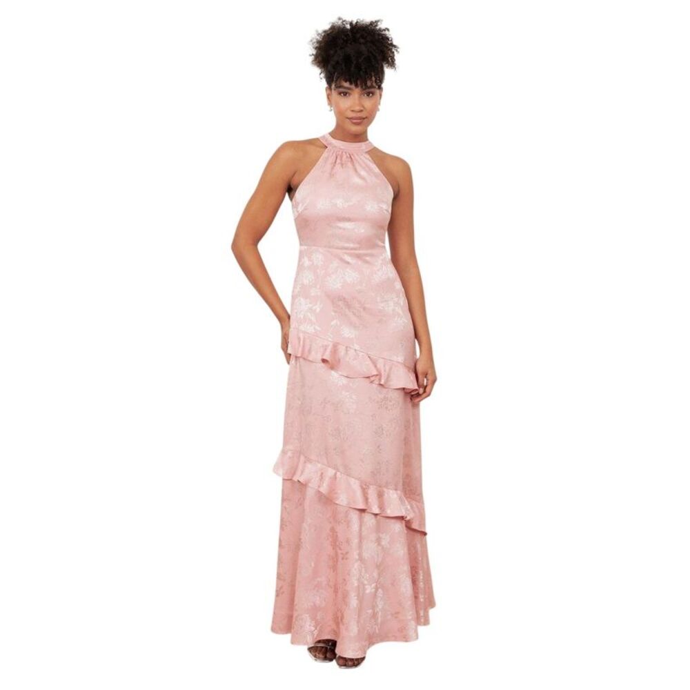 Maya Deluxe Womens/Ladies Floral Satin Halter Neck Maxi Dress / Soft Pink